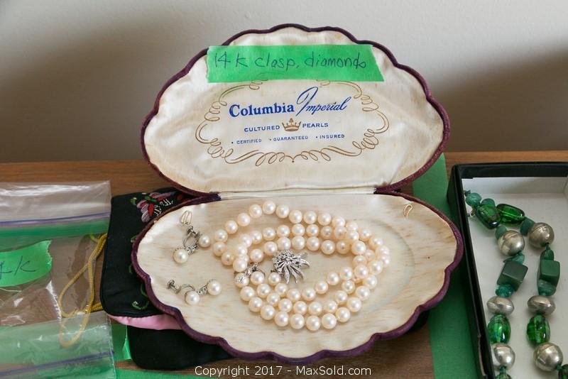 Cultured Pearl/diamond Necklace, earrings