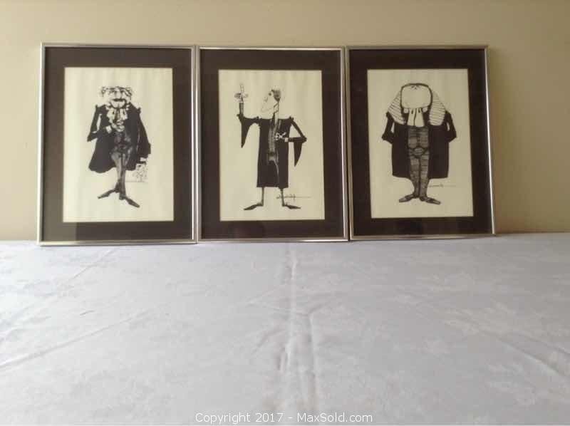 Three Caricature Lithos Of Lawyers Framed Signed